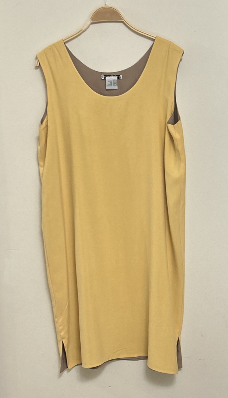 100% Silk Reversible Shift Dress Women XLarge Yellow Minimalist Saks Fifth Ave